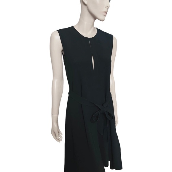 Theory Desza Deep Navy Admiral Crepe Black Asymetrical Hem Belted Dress Sz 6 - Picture 4 of 15